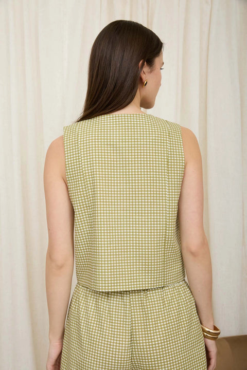 Plaid Button Down Round Neck Sleeveless Top