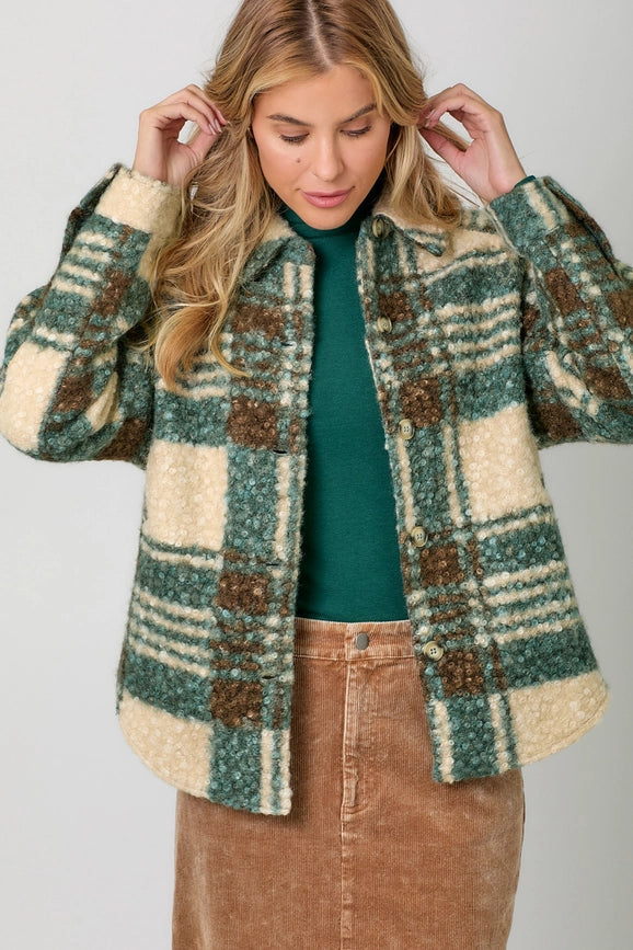 Plaid Button Down Shacket Green-Jacket-Mystree-S-Green-Urbanheer