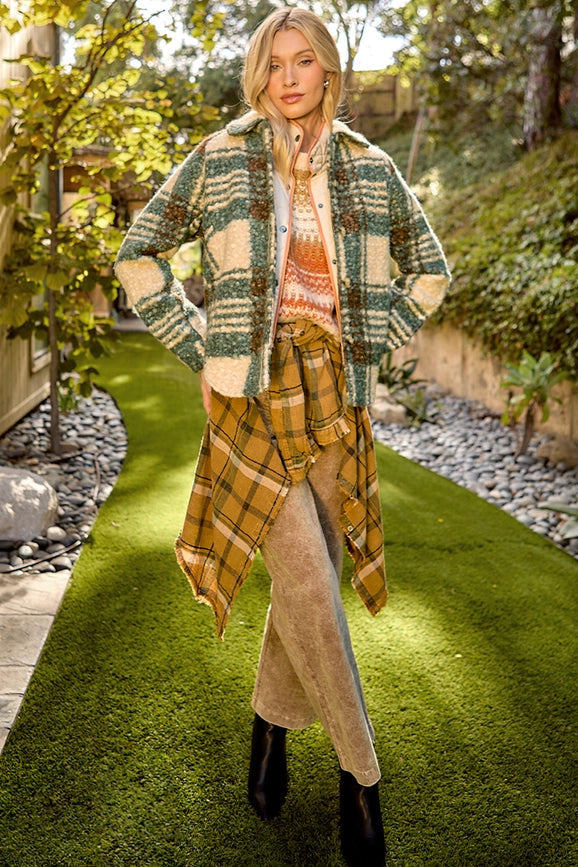 Plaid Button Down Shacket Green-Jacket-Mystree-S-Green-Urbanheer