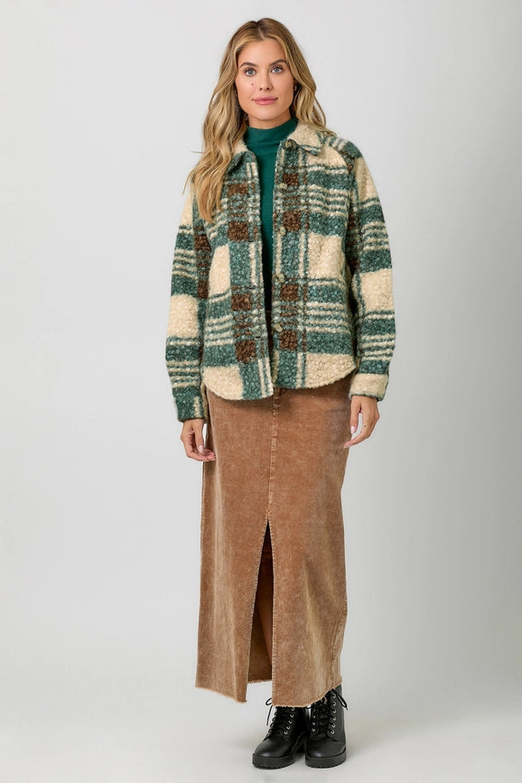 Plaid Button Down Shacket Green-Jacket-Mystree-S-Green-Urbanheer