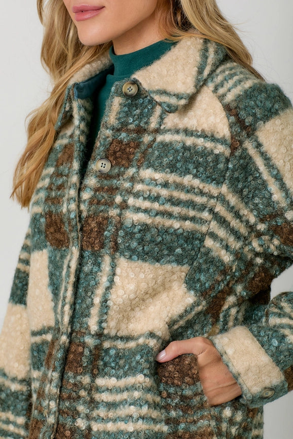 Plaid Button Down Shacket Green-Jacket-Mystree-S-Green-Urbanheer