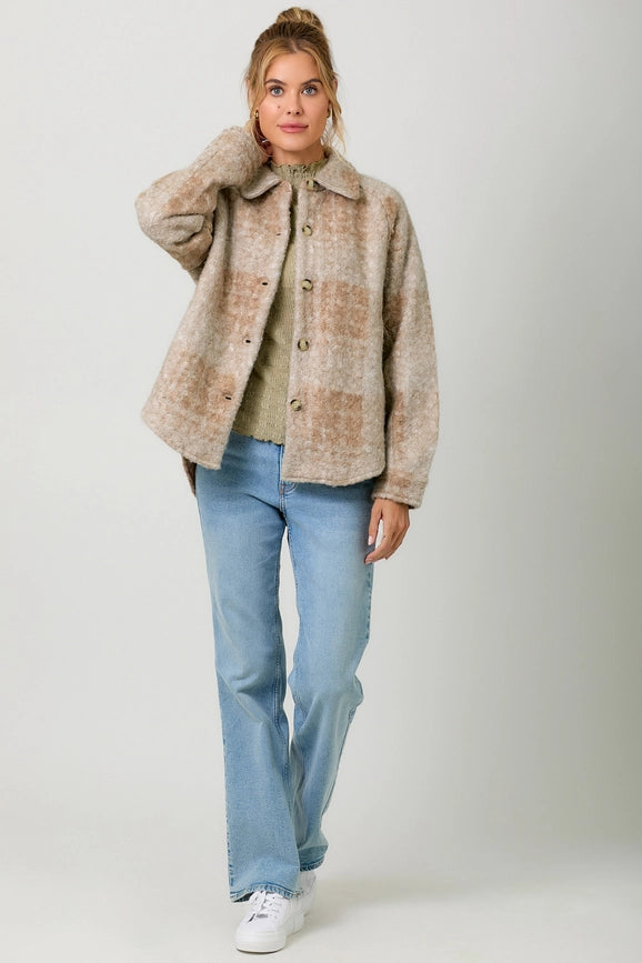 Plaid Button Down Shacket Milk Tea-Jacket-Mystree-S-Milk Tea-Urbanheer