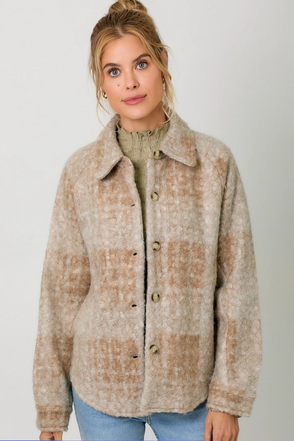 Plaid Button Down Shacket Milk Tea-Jacket-Mystree-S-Milk Tea-Urbanheer