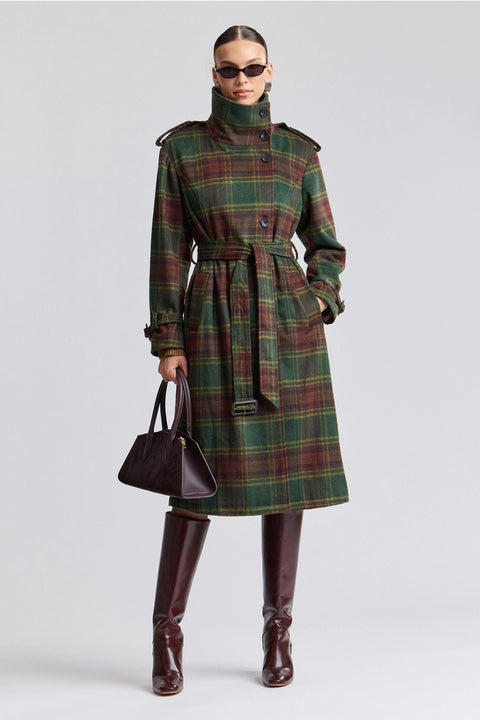 Plaid Faux Wool Utility Trench Coat