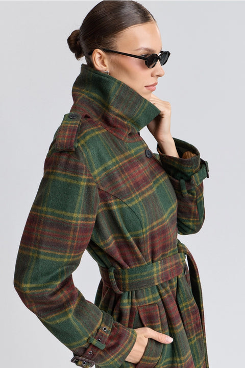 Plaid Faux Wool Utility Trench Coat