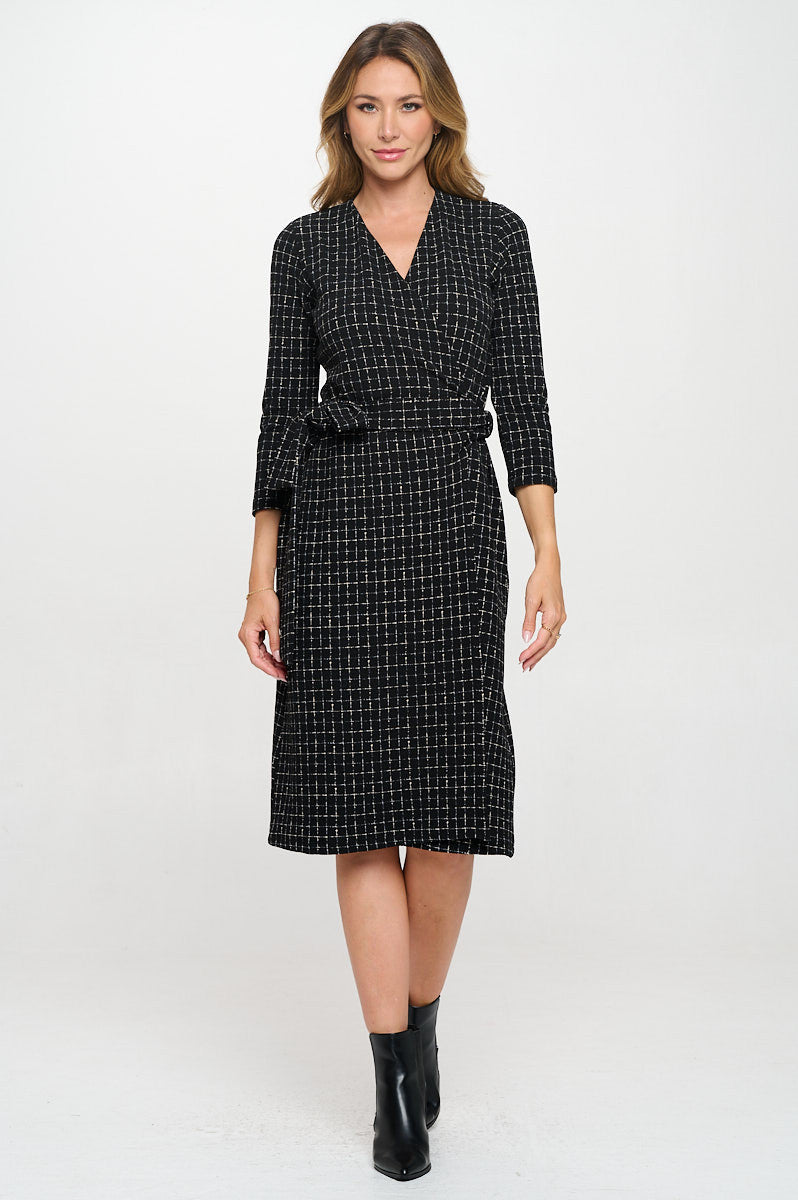 Plaid Knit 3/4 Sleeve V neck Dress with Tie-Dresses-Reneecollection-Small-BLACK/WHITE-Urbanheer