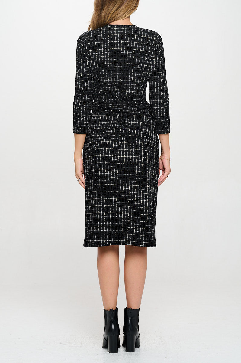 Plaid Knit 3/4 Sleeve V neck Dress with Tie-Dresses-Reneecollection-Small-BLACK/WHITE-Urbanheer