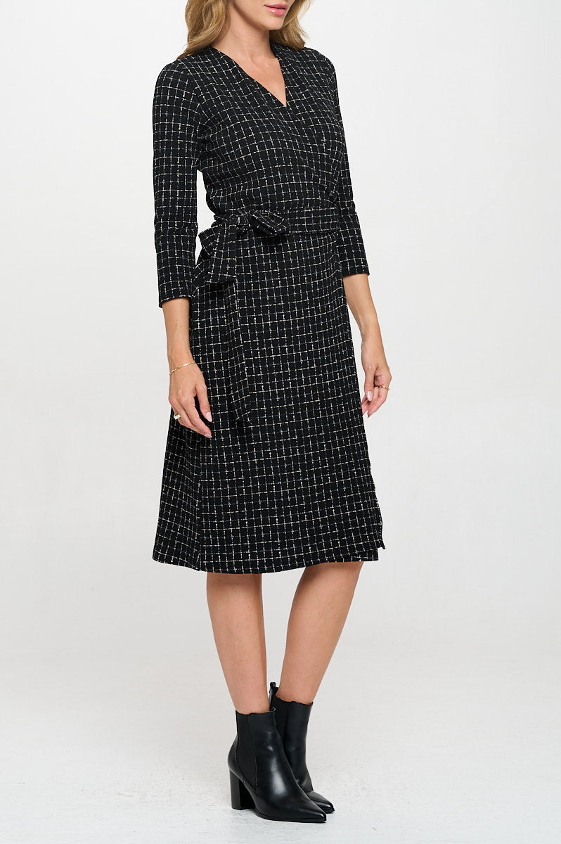 Plaid Knit 3/4 Sleeve V neck Dress with Tie-Dresses-Reneecollection-Small-BLACK/WHITE-Urbanheer