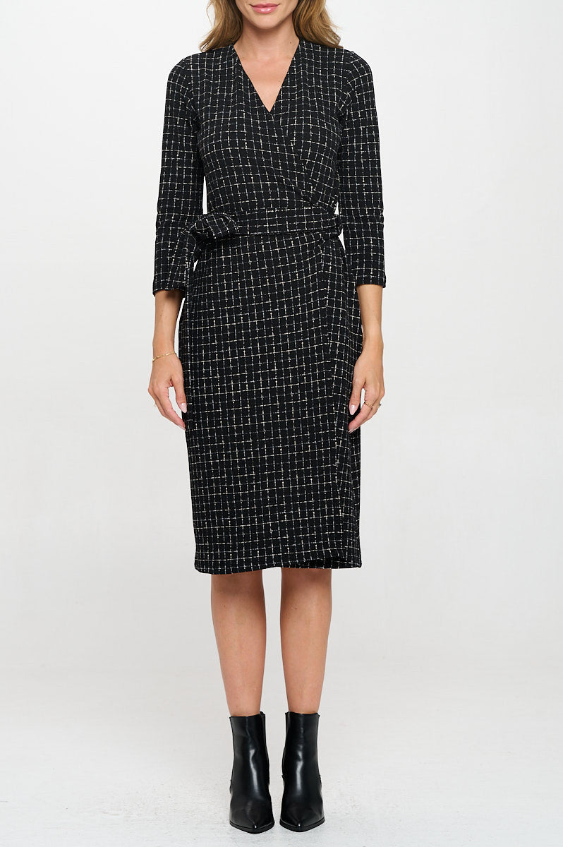 Plaid Knit 3/4 Sleeve V neck Dress with Tie-Dresses-Reneecollection-Small-BLACK/WHITE-Urbanheer