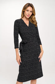 Plaid Knit 3/4 Sleeve V neck Dress with Tie-Dresses-Reneecollection-Small-BLACK/WHITE-Urbanheer