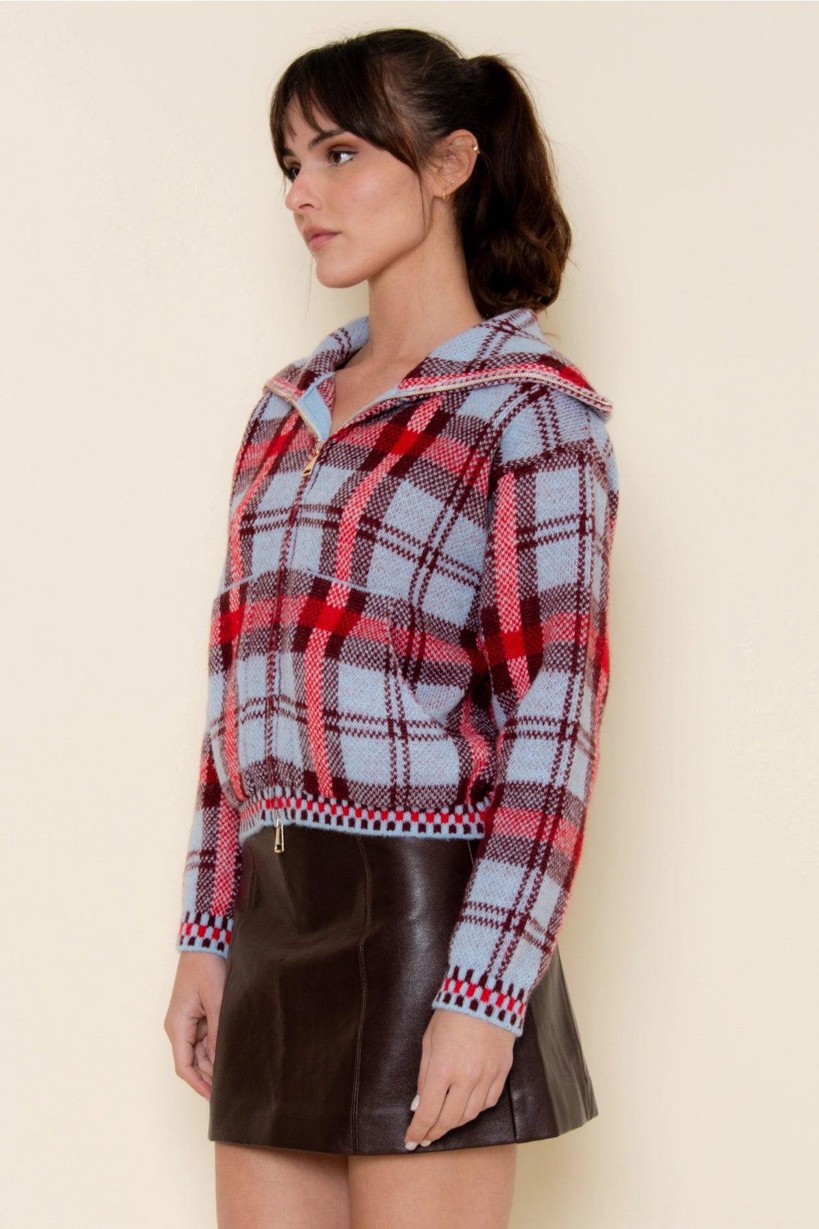 Plaid Knitted Zip Sweater with Collar