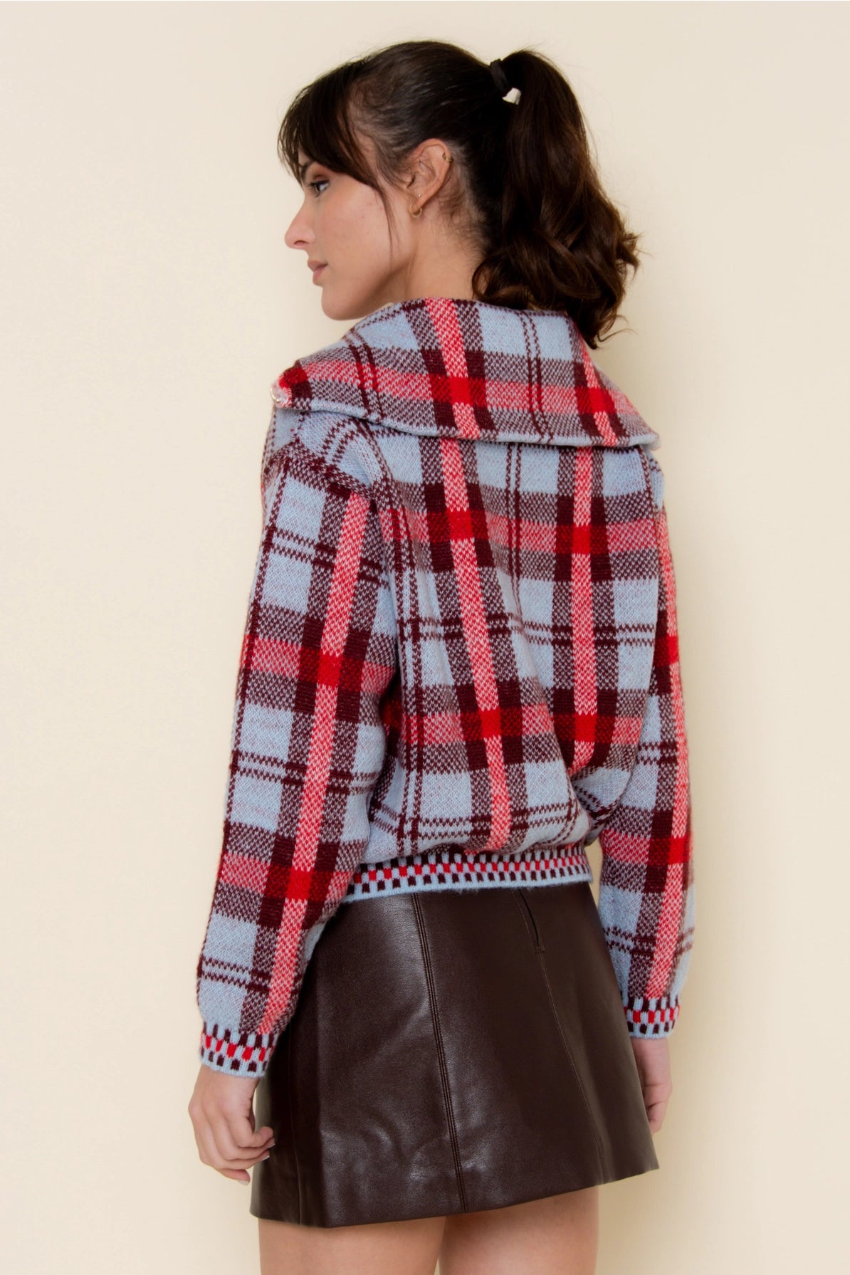 Plaid Knitted Zip Sweater with Collar