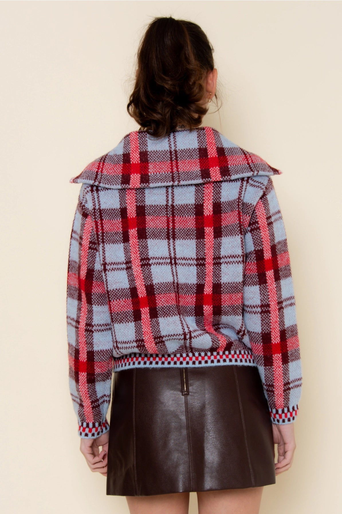 Plaid Knitted Zip Sweater with Collar