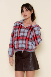 Plaid Knitted Zip Sweater with Collar
