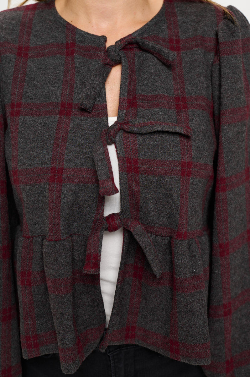Plaid Long Puff Sleeve Top with Open Front Tie Detail-New Arrival-Reneecollection-Small-BURGUNDY-Urbanheer