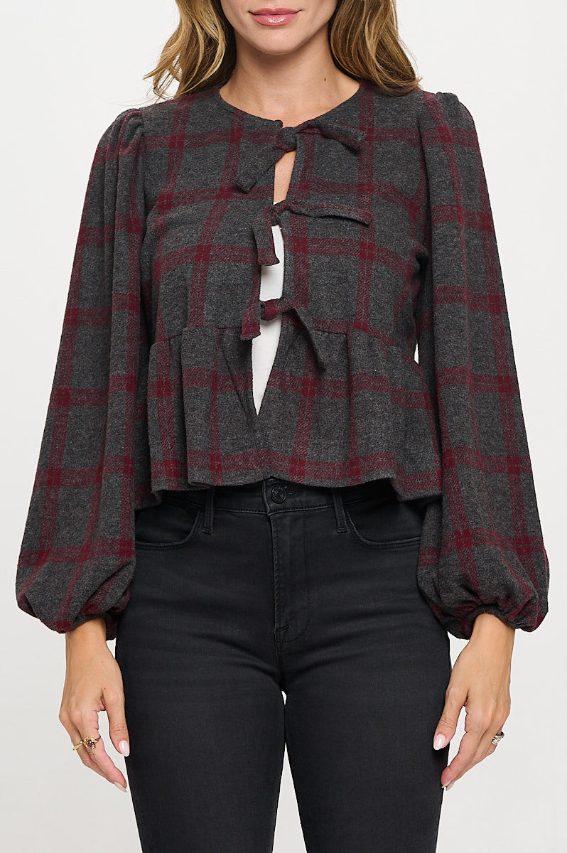 Plaid Long Puff Sleeve Top with Open Front Tie Detail-New Arrival-Reneecollection-Small-BURGUNDY-Urbanheer