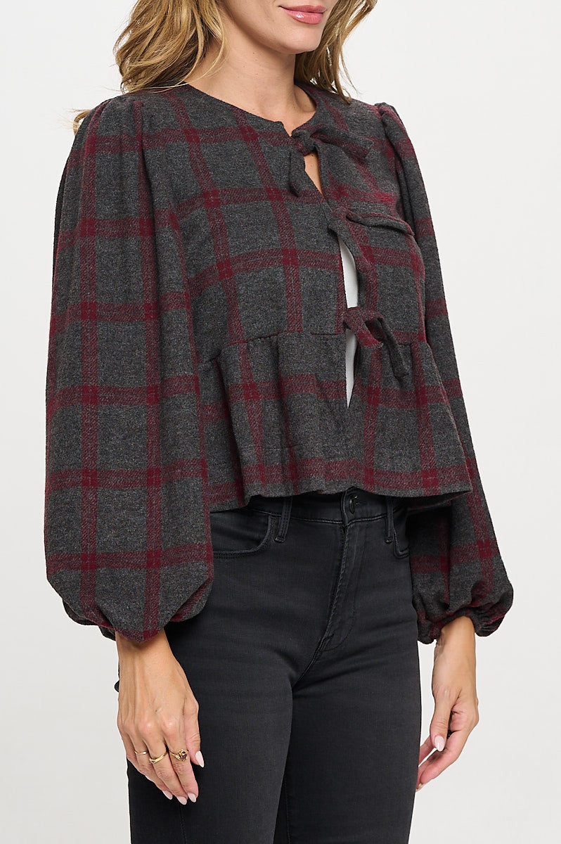 Plaid Long Puff Sleeve Top with Open Front Tie Detail-New Arrival-Reneecollection-Small-BURGUNDY-Urbanheer