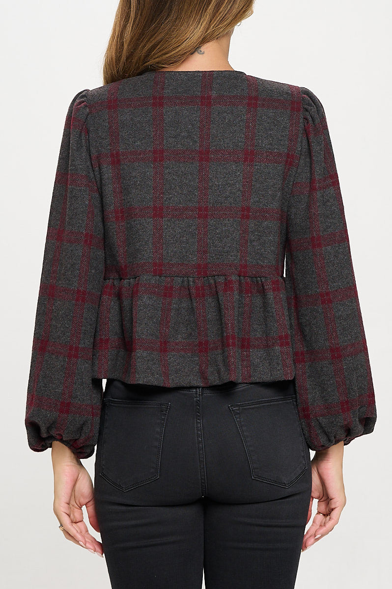 Plaid Long Puff Sleeve Top with Open Front Tie Detail-New Arrival-Reneecollection-Small-BURGUNDY-Urbanheer