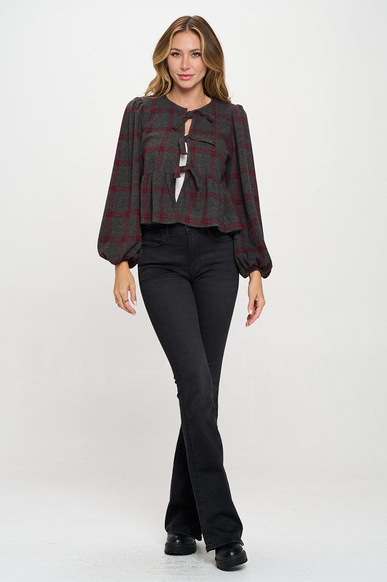 Plaid Long Puff Sleeve Top with Open Front Tie Detail-New Arrival-Reneecollection-Small-BURGUNDY-Urbanheer