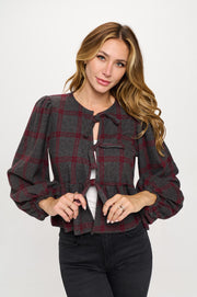 Plaid Long Puff Sleeve Top with Open Front Tie Detail-New Arrival-Reneecollection-Small-BURGUNDY-Urbanheer