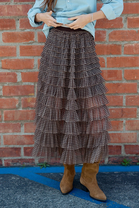 Plaid Mesh Ruffle Maxi Skirt