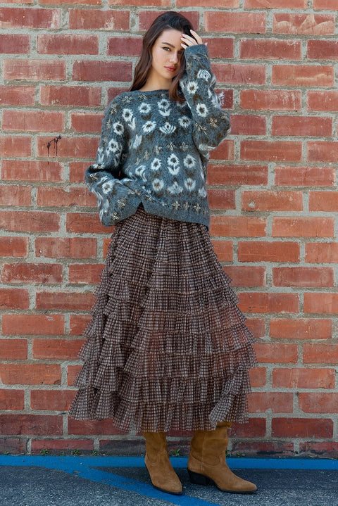 Plaid Mesh Ruffle Maxi Skirt