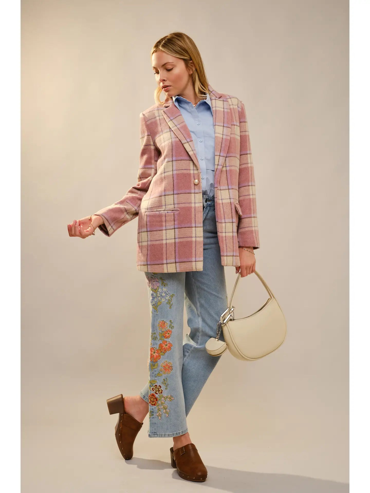 Plaid Pearl Button Blazer