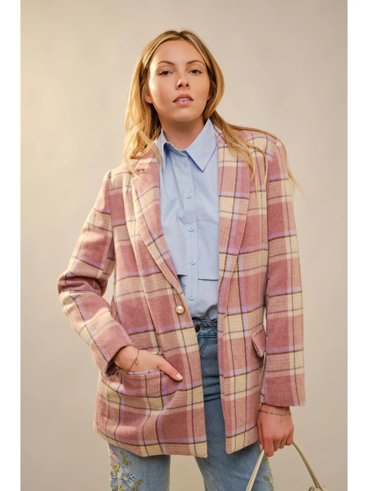Plaid Pearl Button Blazer
