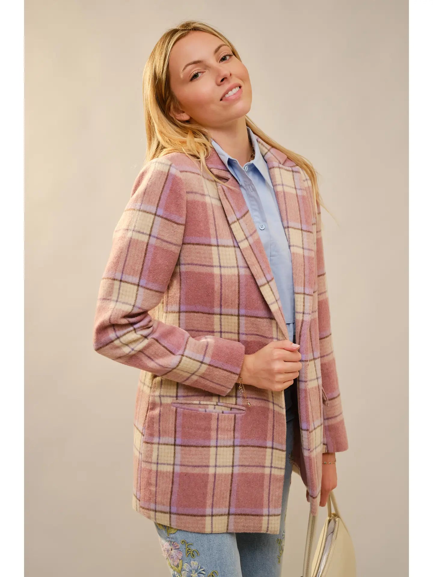 Plaid Pearl Button Blazer