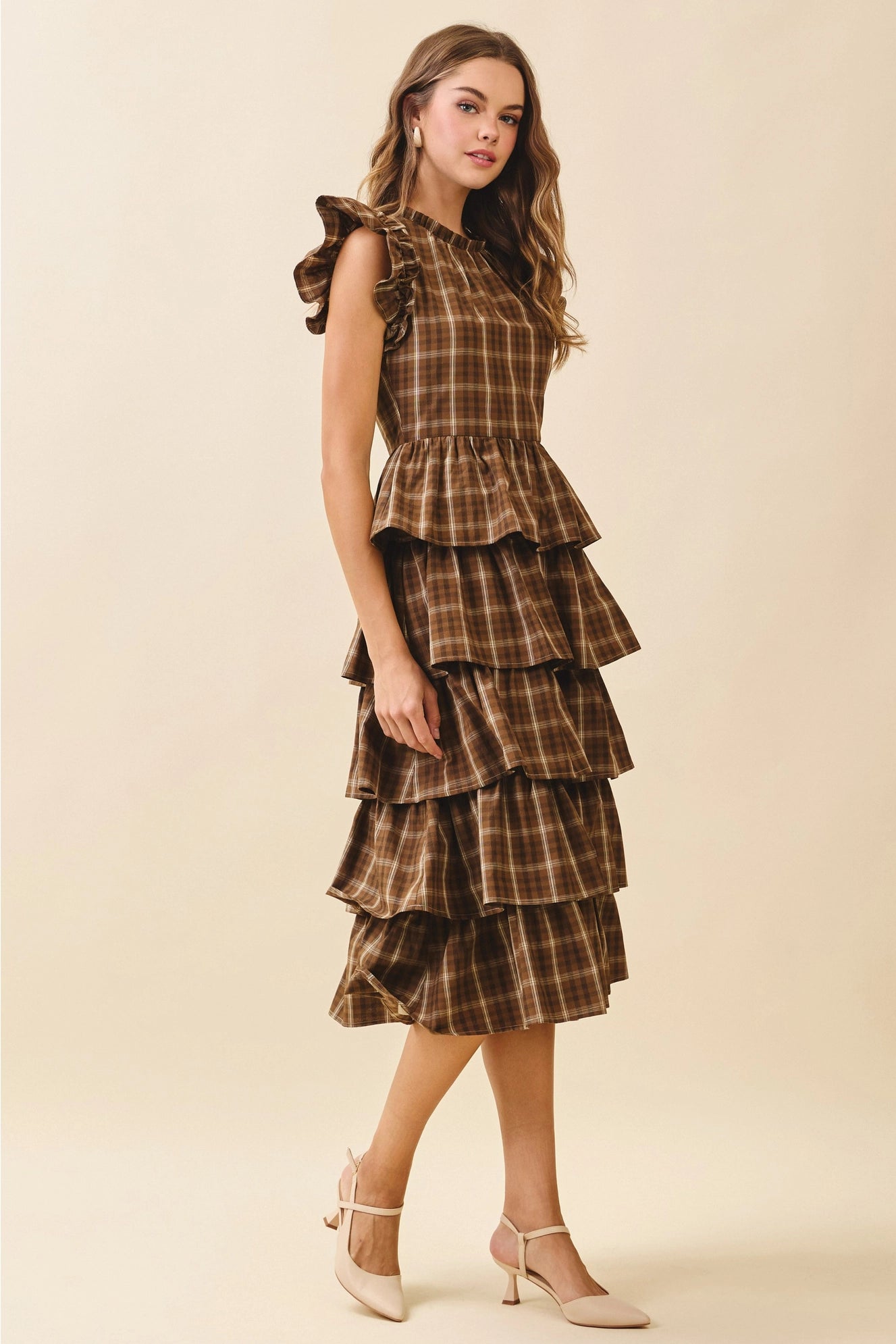 Plaid Round Neck Ruffled Cap Sleeves Midi Dress