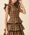 Plaid Round Neck Ruffled Cap Sleeves Midi Dress