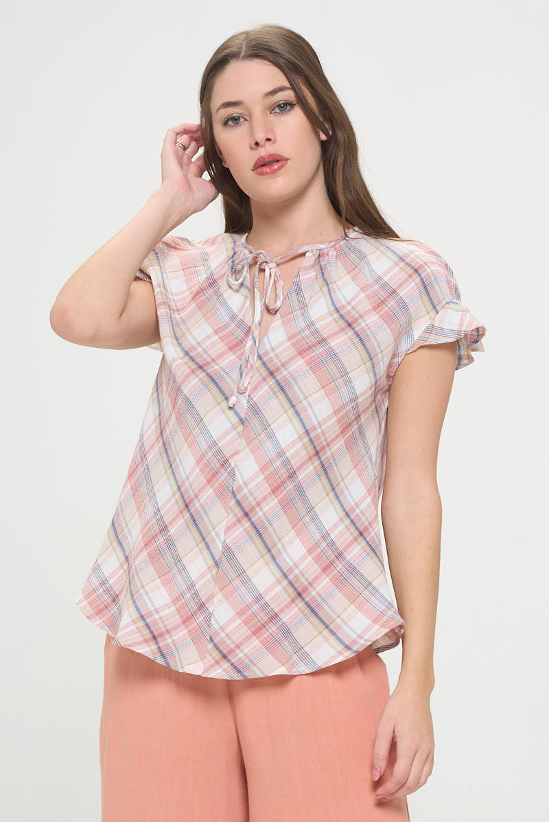 Plaid Short Sleeve V neck Top with Ruffle Sleeve and Tie-New Arrival-Reneecollection-Small-PINK-Urbanheer