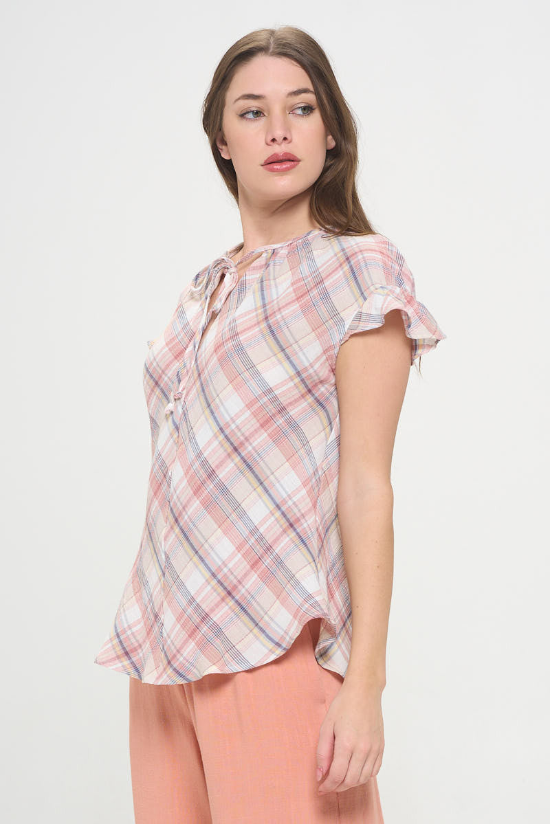 Plaid Short Sleeve V neck Top with Ruffle Sleeve and Tie-New Arrival-Reneecollection-Small-PINK-Urbanheer