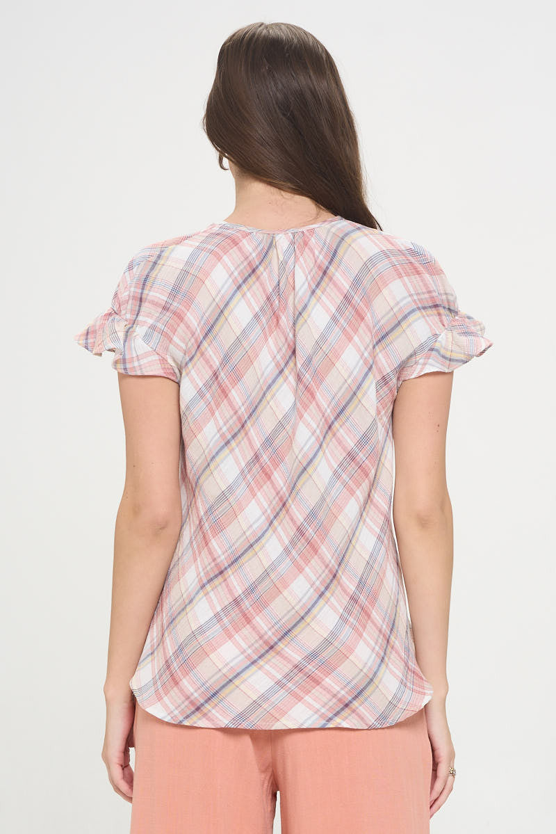 Plaid Short Sleeve V neck Top with Ruffle Sleeve and Tie-New Arrival-Reneecollection-Small-PINK-Urbanheer
