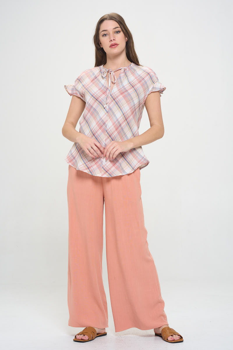 Plaid Short Sleeve V neck Top with Ruffle Sleeve and Tie-New Arrival-Reneecollection-Small-PINK-Urbanheer