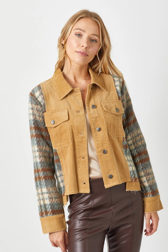 Plaid Sleeve Corduroy Jacket Camel-Jacket-Mystree-S-Camel-Urbanheer