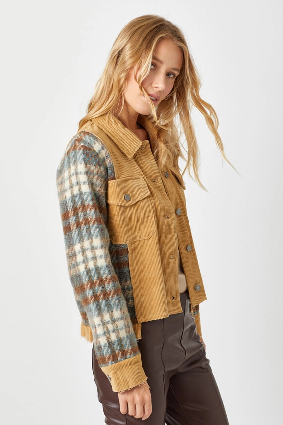 Plaid Sleeve Corduroy Jacket Camel-Jacket-Mystree-S-Camel-Urbanheer