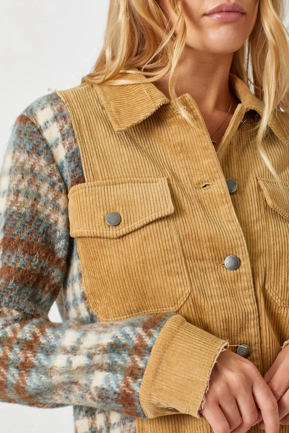 Plaid Sleeve Corduroy Jacket Camel-Jacket-Mystree-S-Camel-Urbanheer