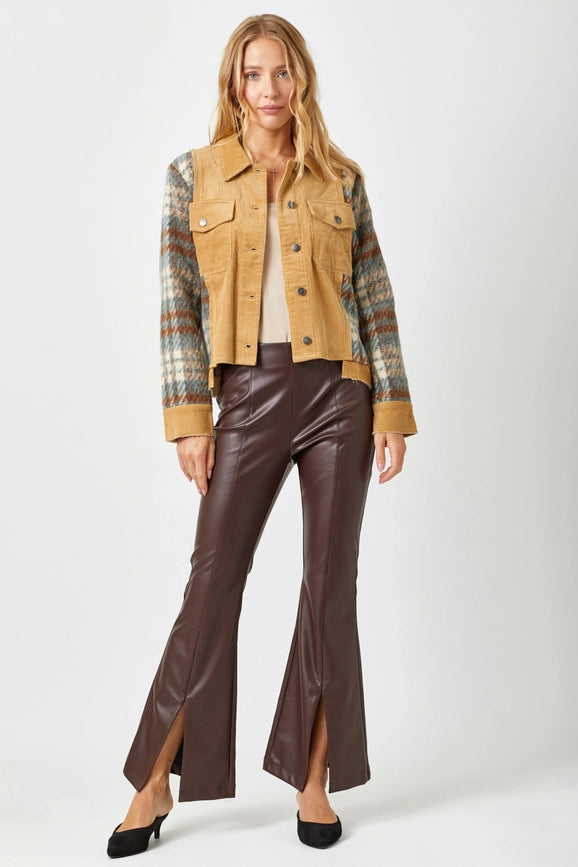 Plaid Sleeve Corduroy Jacket Camel-Jacket-Mystree-S-Camel-Urbanheer