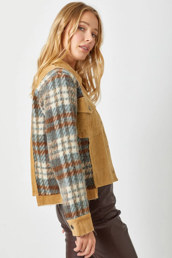 Plaid Sleeve Corduroy Jacket Camel-Jacket-Mystree-S-Camel-Urbanheer