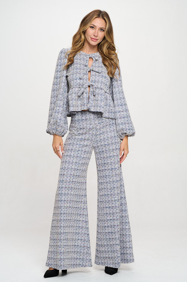 Plaid Tweed Knit with Wide Leg Pants-Pants-Reneecollection-Small-BLUE-Urbanheer