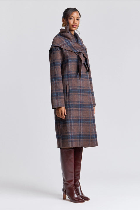 Plaid Wool Blend Scarf Trim Coat