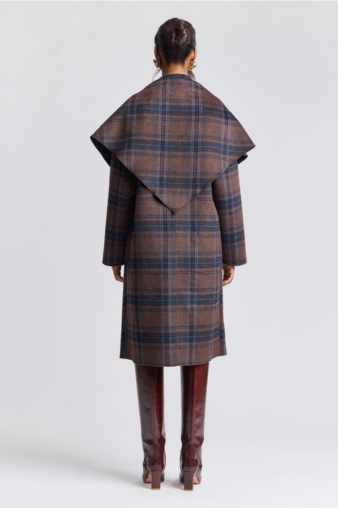 Plaid Wool Blend Scarf Trim Coat