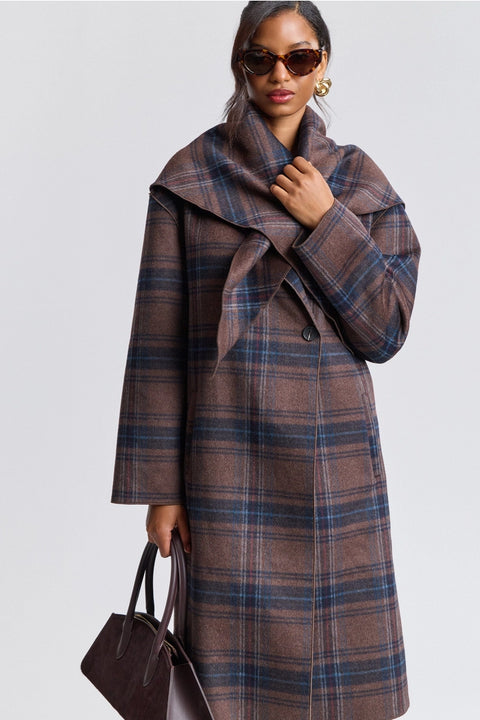 Plaid Wool Blend Scarf Trim Coat