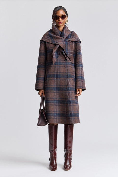 Plaid Wool Blend Scarf Trim Coat