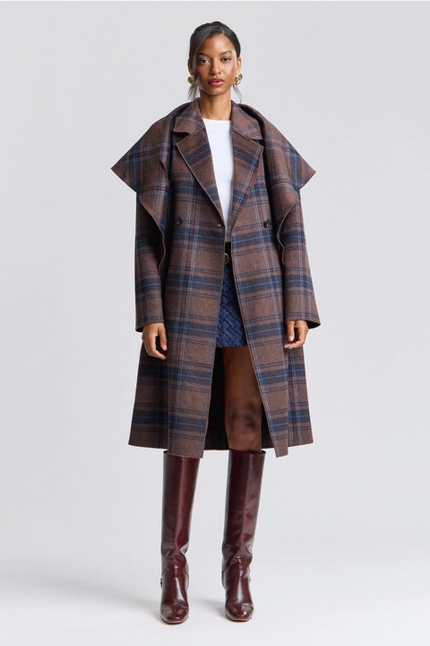 Plaid Wool Blend Scarf Trim Coat