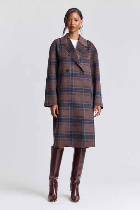 Plaid Wool Blend Scarf Trim Coat