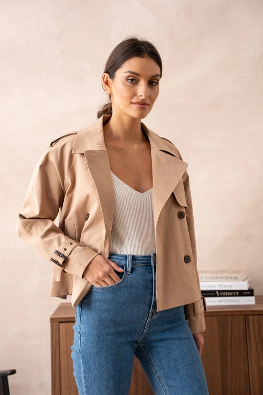 Plain Cropped Cotton Trench Coat Beige-COAT-Attentif Paris-S-Urbanheer