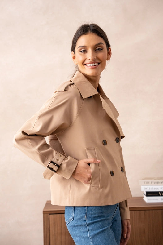 Plain Cropped Cotton Trench Coat Beige-COAT-Attentif Paris-S-Urbanheer