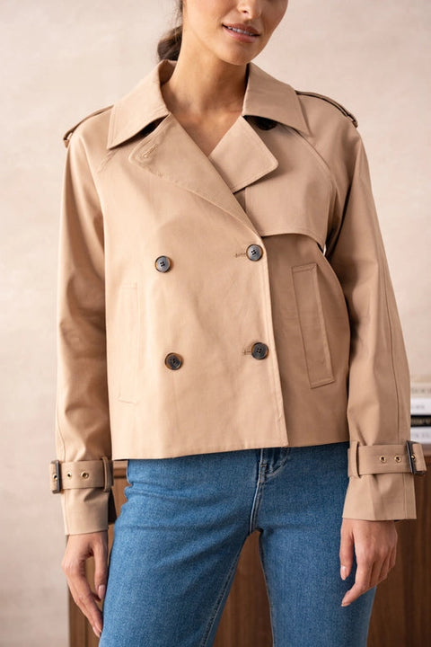 Plain Cropped Cotton Trench Coat Beige-COAT-Attentif Paris-S-Urbanheer